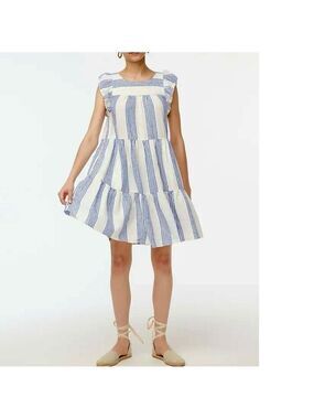 J. Crew Linen Blend Blue White Stripe Babydoll Dress Pockets size 8